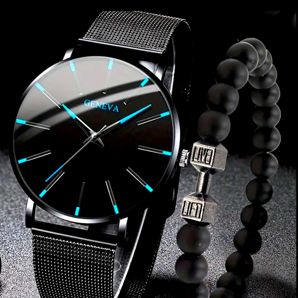 Geneva Men’s Blue Accent Watch & "Lift" Bead Bracelet Set